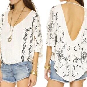 Free People Sevilla Blouse Ivory Embroidered Boho Peplum Top XS